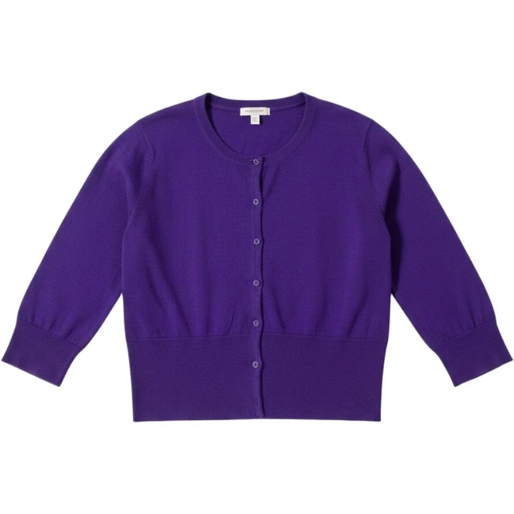 Cabi Large Purple Button Front Cardigan Sweater 3/4 Sleeve Crew Neck Cropped